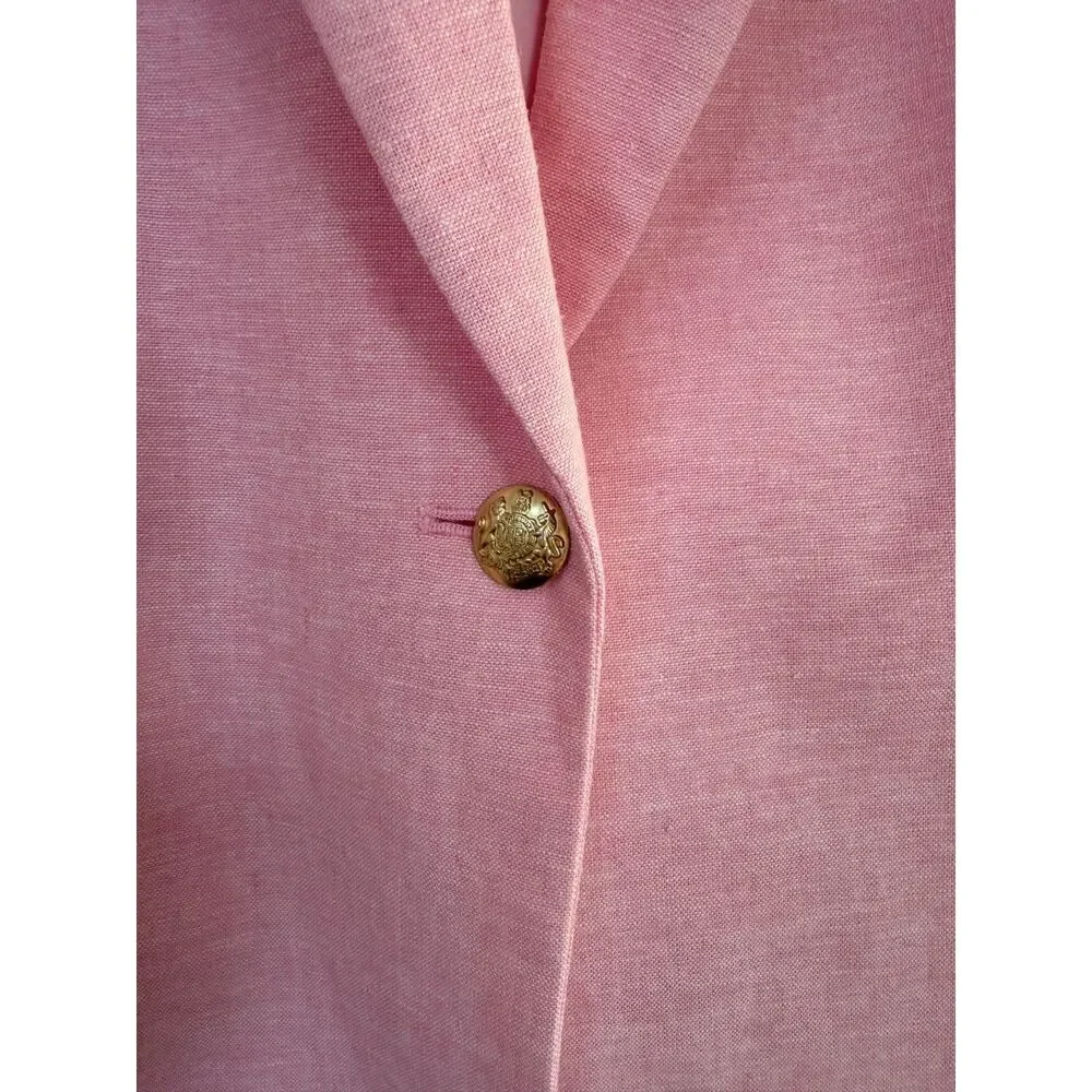 J.Crew Holland Blazer Pink Linen Cotton Single Button Gold Crest Buttons 8